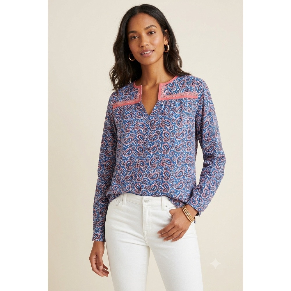 J.Crew Blouse Womens Small Blue Paisley E6601 Embroidered Cotton Boho Top